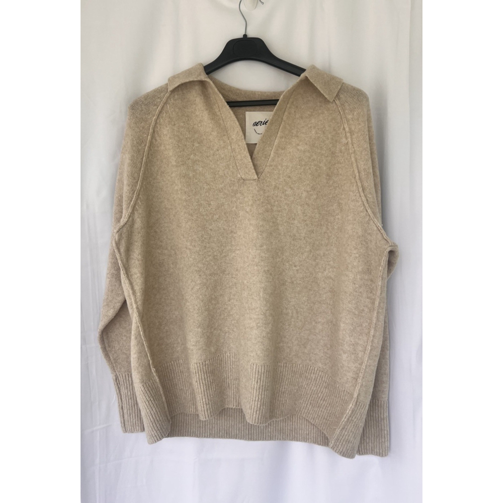 Aerie Cropped Cable V Neck Polo Sweater Oatmeal Chunky Cozy Women’s Size XS